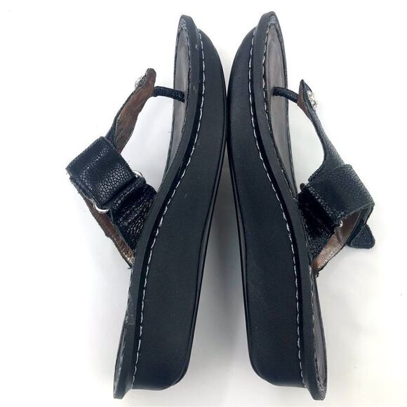 Alegria Black Leather T Strap Diamond Button Slip On Wedge Heel Support Sandals - Picture 4 of 14